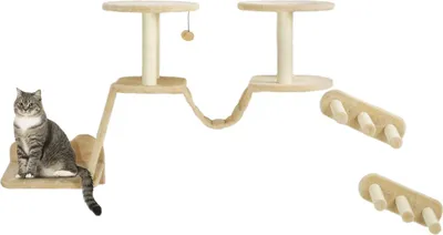 Obrázek produktu pro Set lezecké stěny pro kočky, 3dílný kočičí nábytek s škrabadlem, bidýlka, žebřík, schůdky, škrabadlo, pro kočky do 5 kg, sisal, béžová