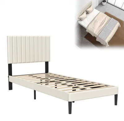 Image de Cadre de lit - Lit tapissé - Lit pour chambre - Lit plateforme - Lit en velours - Revêtement en velours beige