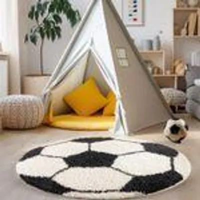 Produktbild von Runder Kinderteppich im Fußball und Basketball-Design weicher Spielteppich für kleine Sportfans, Größe: 100 cm Rund, Farbe: Schwarz