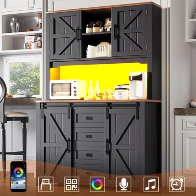 Produktbild von Küchenschrank 115x40x174.7 cm hohes Küchen-Sideboard Schiebetüren LED-Beleuchtung Schwarz