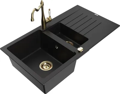 Produktbild von Mexen Matias 1,5-Becken-Granitspüle mit Abtropffläche und Mischbatterie Carla, Schwarz - 6502-77-670700-50