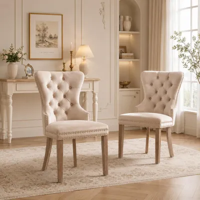 Produktbild von INONEFT Esszimmerstühle 2er Set Samt Gepolstert, Nagelkopf, Küchenstühle mit hoher Rückenlehne und Holzbeinen, für Wohnzimmer Küche Esszimmer, Beige, KI-generiertes Bild