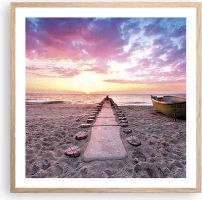 Produktbild von Gerahmtes Poster - Rahmen in heller Eiche - Boot Strand Himmel - 60x60 cm - Wand Bild - Wanddeko - Wandbilder - Kunstposter - Wandposter - Bilderrahmen - Bilder - Kunstdruck - P2NAC60x60-5064