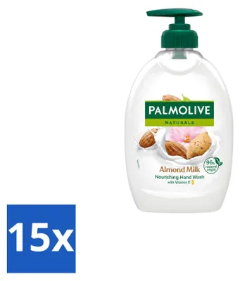 Imagen del producto de 15 unidades de jabón líquido Palmolive, aroma a leche de almendras, con dosificador, 500 ml. Paquete económico