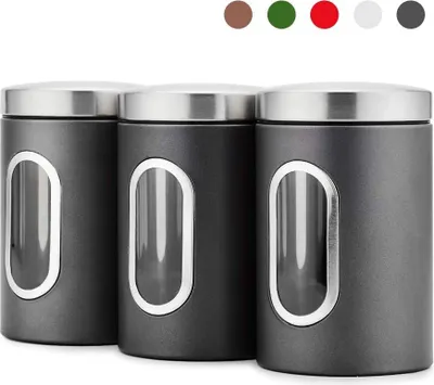 Produktbild von 3 Stück Vorratsdose Lebensmittel Aufbewahrungsbehälter Edelstahl Vorratsbehälter mit Deckel und Transparentem Sichtfenster für Tee, Getreide, Trockenfrüchten, Tiernahrung 1.5L (Grau)