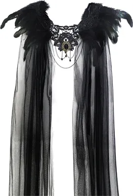 Produktbild von Schwarzer Feder-Umhang für Damen, Schulterwärmer, gotischer Feder-Umhang mit Epauletten und Spitzenkragen, inklusive Tüllschleier, Halloween-Kostüm-Accessoire