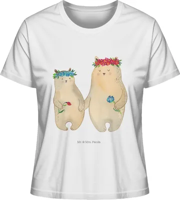 Produktbild von Mr. & Mrs. Panda Basic Shirt Damen Bären mit Blumenkranz Größe XL - Weiß - Geschenk, Familie, Muttertag, Sommershirt, T-Shirt Kurzarm, Baumwoll, Rundhals, Beste Freundin