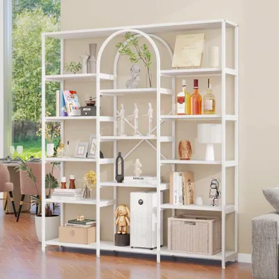 Zdjęcie produktu dla Nowoczesny regał z solidną stalową konstrukcją, minimalistyczny design, łatwy montaż, wykończenie w kolorze złoto-białym, idealny element dekoracyjny – wymiary: 160 x 29,5 x 180 cm