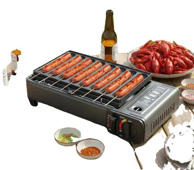 Image de Barbecue de table au gaz, 42 x 26 x 11 cm, puissance thermique de 2,2 kW, consommation de gaz de 160 g/heure, bac à graisse amovible, compatible avec le butane/GPL