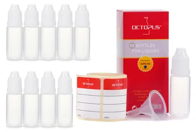 Obrázek produktu pro 10 plastových lahviček 10 ml LDPE, G14, kapátko, bílé víčko, 1 mini trychtýř