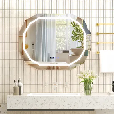 Produktbild von LED Badspiegel mit dimmbare Beleuchtung, Beschlagfrei & Speicherfunktion, Wandspiegel mit Touch-Schalter, Uhr, Temperatur, Badezimmerspiegel 3 Farbtemperaturen, 91,5 x 71 cm