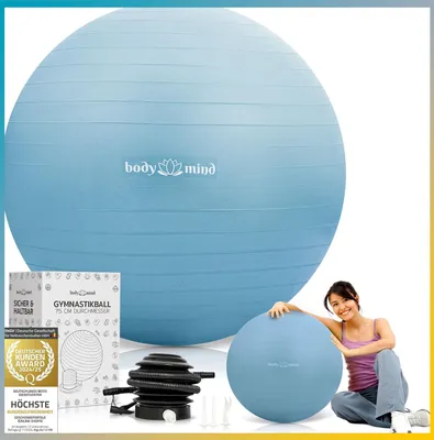 Produktbild von Body & Mind Premium Gymnastikball 65 cm Blau – Anti-Burst Sitzball & Pezziball für Yoga, Pilates, Fitness, Rückentraining & Büro