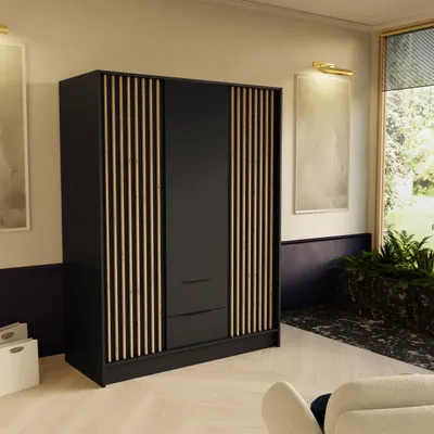 Produktbild von Masseno Drehtürenschrank PELOR 150,5/200/51 cm Modern Kleiderschrank 3-türig Schwarz