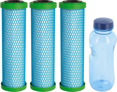 Three water filter cartridges and a water bottle are arranged on a white background.