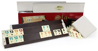 Rummy/Okey-Set, 104+2 Melamin-Steine, 4 Ablagen, Würfel, braun