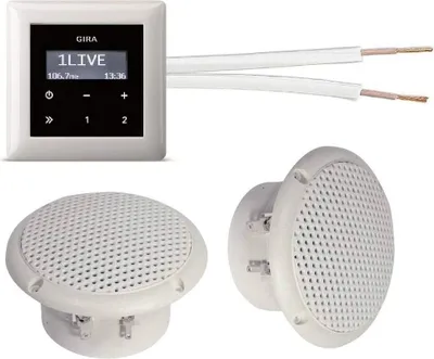 Produktbild von Gira Unterputz Radio Unterputzradio 228405 Schwarzglasoptik (schwarz glänzend) Komplett-Set + 2 x Deckenlautsprecher weiß (Feuchtraum/Badezimmer) + 20 m Lautsprecherkabel