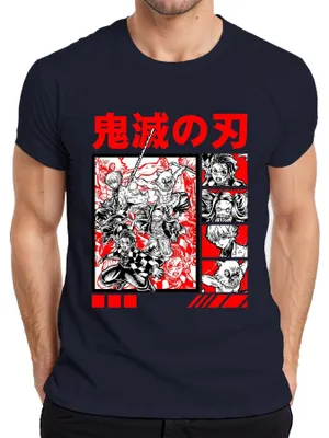 Imagen del producto de Camiseta para hombre, estilo anime/manga "Demon Slayer: Kimetsu no Yaiba", con los personajes Tanjiro, Nezuko, Inosuke y Zenitsu, color azul marino, talla M