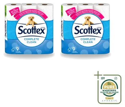 Imagen del producto de 2 rollos de papel higiénico Scottex Complete Clean, de doble capa, paquete económico