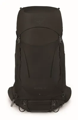 A black Osprey Kestrel 48 L hiking backpack shown from the front against a white background.