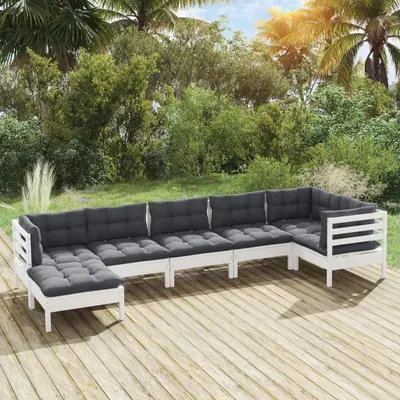 Produktbild von 7-tlg. Garten-Lounge-Set mit Kissen Weiß Kiefer Massivholz , Gartenmöbel-Sets Design 2024