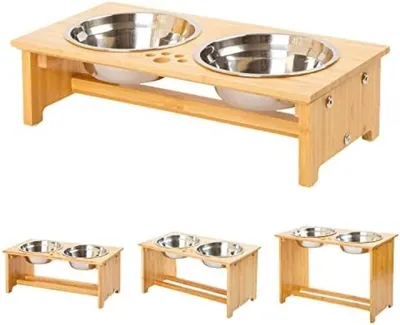 Produktbild von PolkaHome® Erhöhter Futternapf für Haustiere – Bambusständer mit 2 spülmaschinenfesten Schüsseln, 39 x 19 x 10 cm
