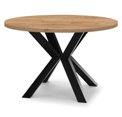 Produktbild von Runder Ausziehbarer Tisch für Esszimmer RAL mit Holzbeinen, Loft-Stil, Industriel, Durchmesser: 120 / 220 cm, Farbe: Eiche Craft Gold / Schwarz