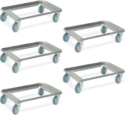 Produktbild von 5x Aluminium-Roller für Euro-Stapelbehälter 600 x 400 mm, offenes Deck, graue Gummiräder