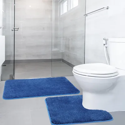 Image de Ensemble de deux tapis de bain, dimensions 50x80 cm et 50x50 cm, en microfibre, antidérapants, de couleur bleue, lavables, pour salle de bain