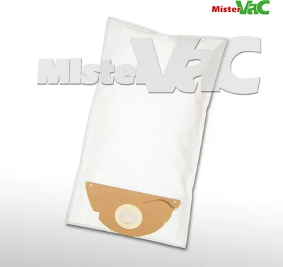 A white vacuum cleaner bag with a brown cardboard attachment at the bottom, set against a white and gray background.