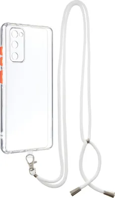 A clear phone case with a white lanyard attached, isolated on a white background.