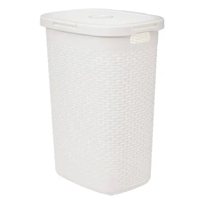 A white laundry basket with a woven texture and a lid.