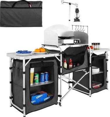 Image de Station de cuisine de camping portable - Aluminium - Sac de rangement inclus - 3 compartiments - 174 x 110 x 46 cm - Noir