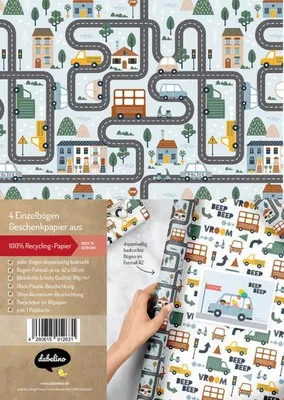 Produktbild von Geschenkpapier-Set für Kinder: Fahrzeuge (Auto, Bus, LKW, Motorrad)