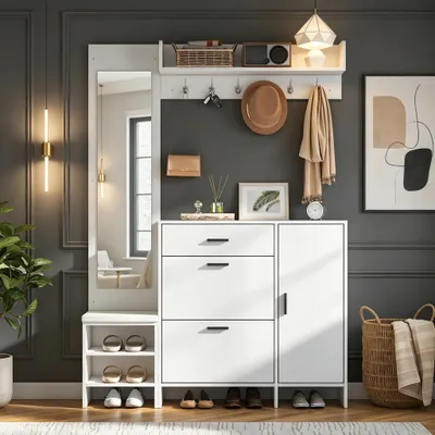 Image de Porte-manteau pour l'entrée, comprenant un meuble à chaussures, un miroir et des crochets, ainsi qu'un meuble à chaussures multifonctionnel avec un banc à chaussures intégré