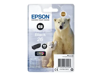 Produktbild von Epson Polar bear Singlepack Photo Black 26 Claria Premium Ink, Standardertrag, Foto schwarz, Tinte auf Farbstoffbasis, 4,7 ml, 1 Stück(e), 200 Seiten