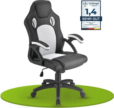 Produktbild von Juskys Racing Schreibtischstuhl Montreal (weiss) - Gaming Stuhl ergonomisch, höhenverstellbar & gepolstert, bis 120 kg - Bürostuhl Drehstuhl