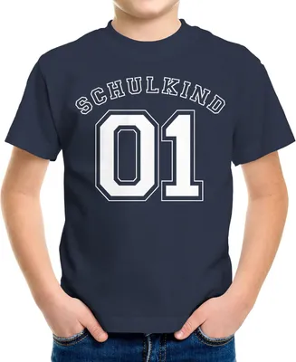 Produktbild von Kinder T-Shirt Jungen Schulkind 01 Collegestil Geschenk zur Einschulung Schulanfang Moonworks® navy 122-128 (7-8 Jahre)