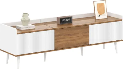Produktbild von Sweiko TV-Schrank, TV-Tisch, TV-Ständer, dreitüriger Unterschrank. Kompakte Konstruktion. Weiß und natürliches Holzfinish. Höhe 49,5 cm / Länge 160 cm / Breite 39 cm