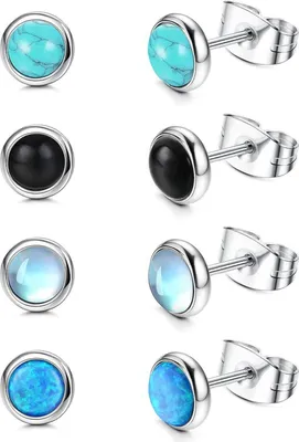 Produktbild von Mondstein Türkis Opal Ohrringe Set Damen Hypoallergen 4 Paare 4MM/6MM