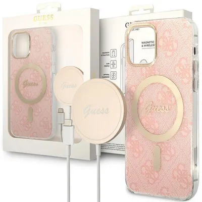 Produktbild von Guess Bundle Pack MagSafe 4G - MagSafe iPhone 13 Pro Hülle + Ladegerät-Set (Pink/Gold)