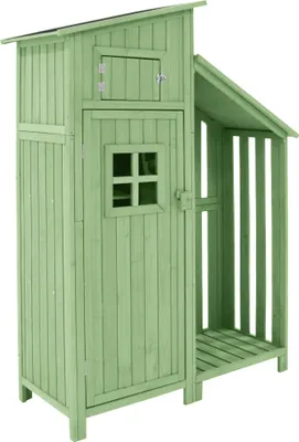 Produktbild von MODFU Gartenschrank 124x46x174cm Geräteschuppen mit Satteldach und Ablage, Garten-Geräteschrank Holz Gerätehaus, wetterfest, Grün