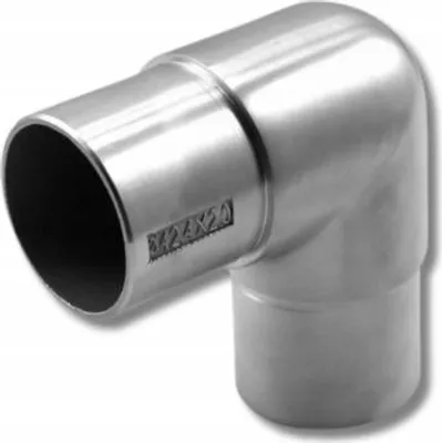 A silver metal elbow pipe fitting.