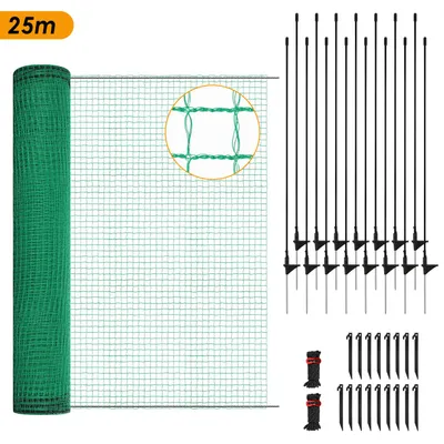 Produktbild von Izrielar Mobiler Hundezaun Weidezaun 115 cm x 25 m – Elektrozaunnetz für Hunde, Hühner & Garten – Flexibler Begrenzungszaun mit Pfosten, Heringen und Isolatoren
