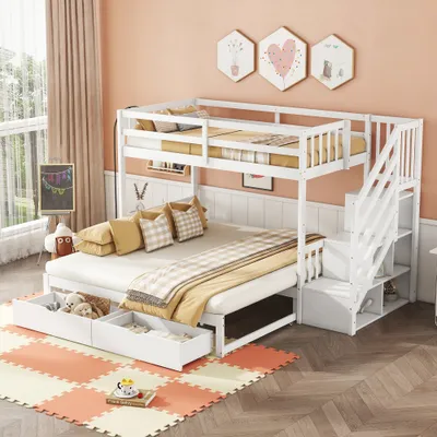 Produktbild von MODFU Etagenbett Kinderbett 90x200cm mit Ausziehbett 90x200cm/180x200cm, Hochbett mit Rausfallschutz, Massivholzbett Stockbett mit Zwei Schubladen und Stauraum Treppe, Jugendbett Bettgestell, Weiß