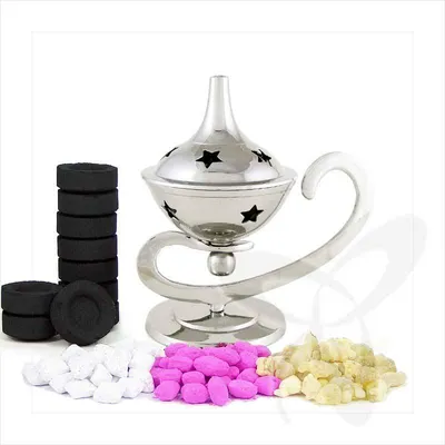 Produktbild von 2920 Weihrauchfass Set + 3 Sorten Weihrauch + Kohle Messing Vernickelt Handarb