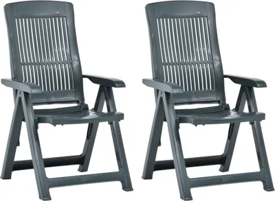 Two green plastic garden chairs are shown side-by-side against a white background.