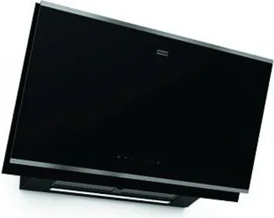 A black and silver range hood is shown against a white background.