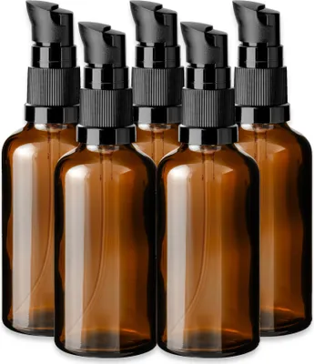 Produktbild von 5x Glasflasche braun 50 ml mit schwarzer Pumpe und Kappe Nachfüllbar