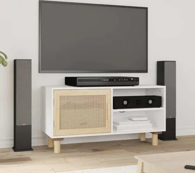 Produktbild von Design TV-Schrank Weiß 80x30x40 cm Massivholz Kiefer und Natur-Rattan - TV-Schränke 2025 Neu8578232 1parcel
