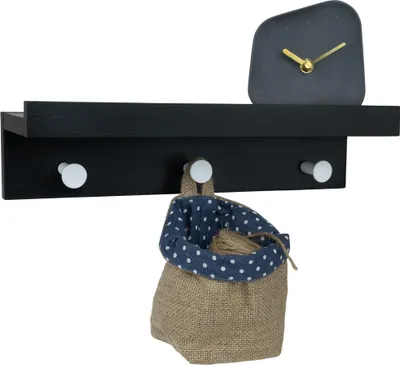 Produktbild von QUVIO Wandgarderobe mit Ablage - Wandregal Holz - Wandgarderobenständer schwarz - Wandgarderobenständer - 3 Haken